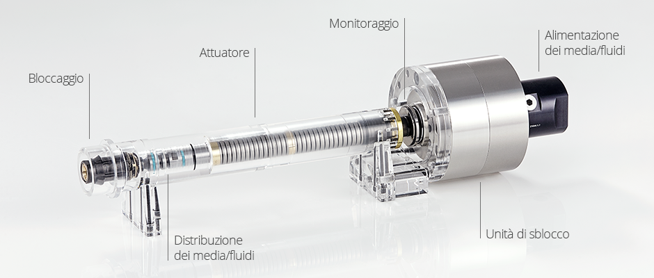 Sistema di bloccaggio dell’utensile installato nell’albero del mandrino dimostrativo composto da: pinza HSK, pacco molle con tubo di connessione al giunto rotante, unità di sbloccaggio e giunto rotante